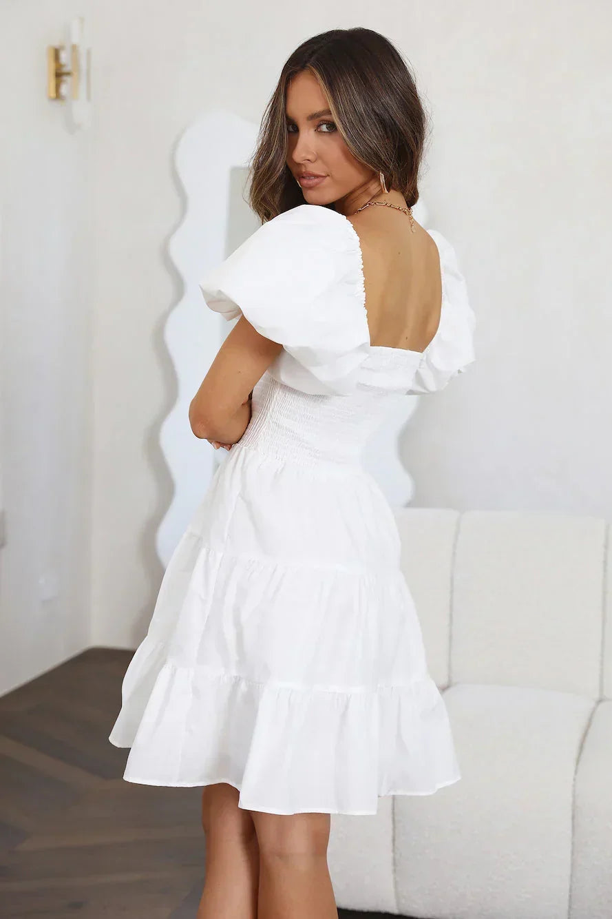 Square Neck Puff Sleeve Smocked Tiered Mini Dress 13