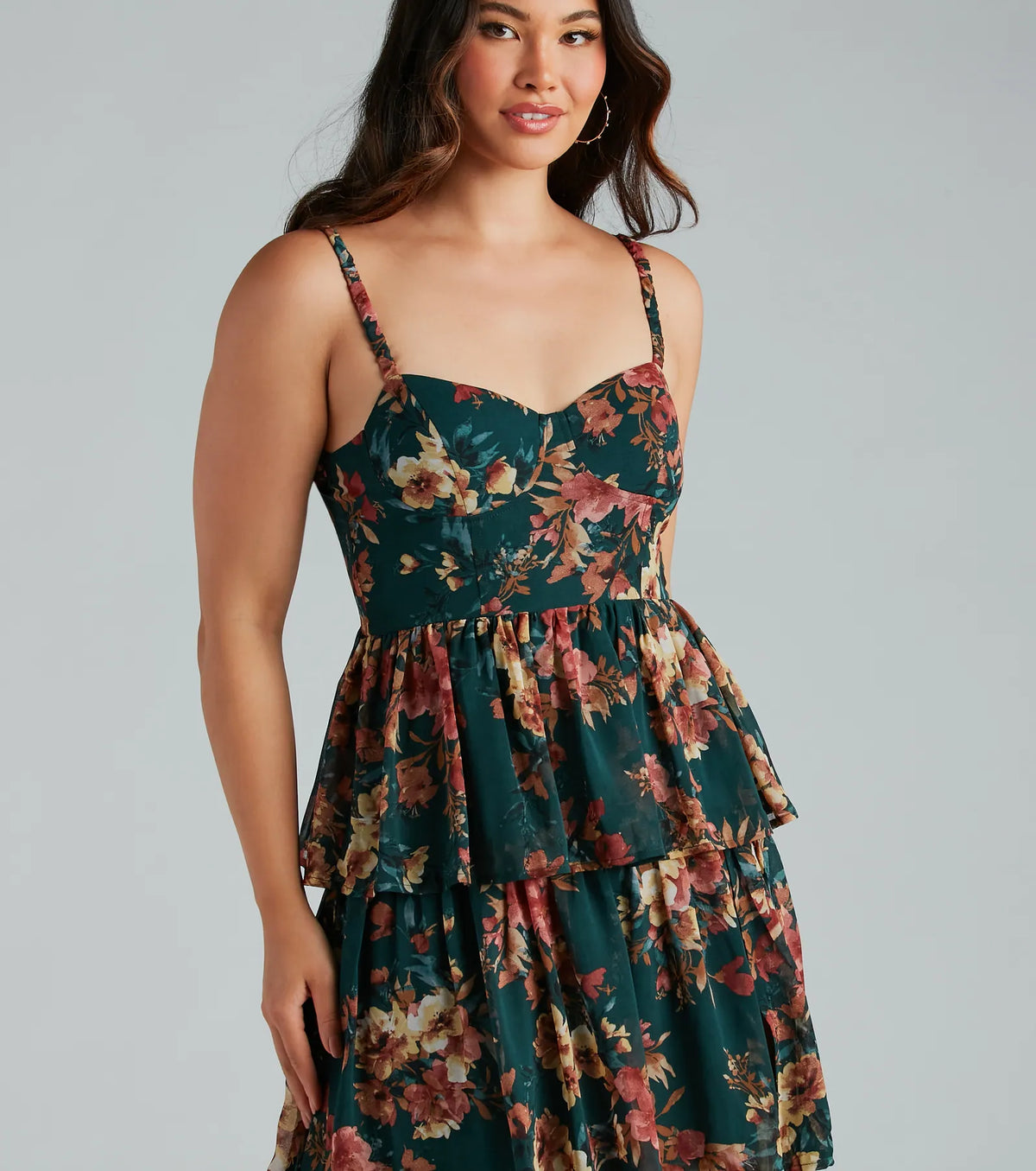Floral Print Chiffon Sweetheart Cami Strap Tiered Ruffle Split Maxi Dress 4
