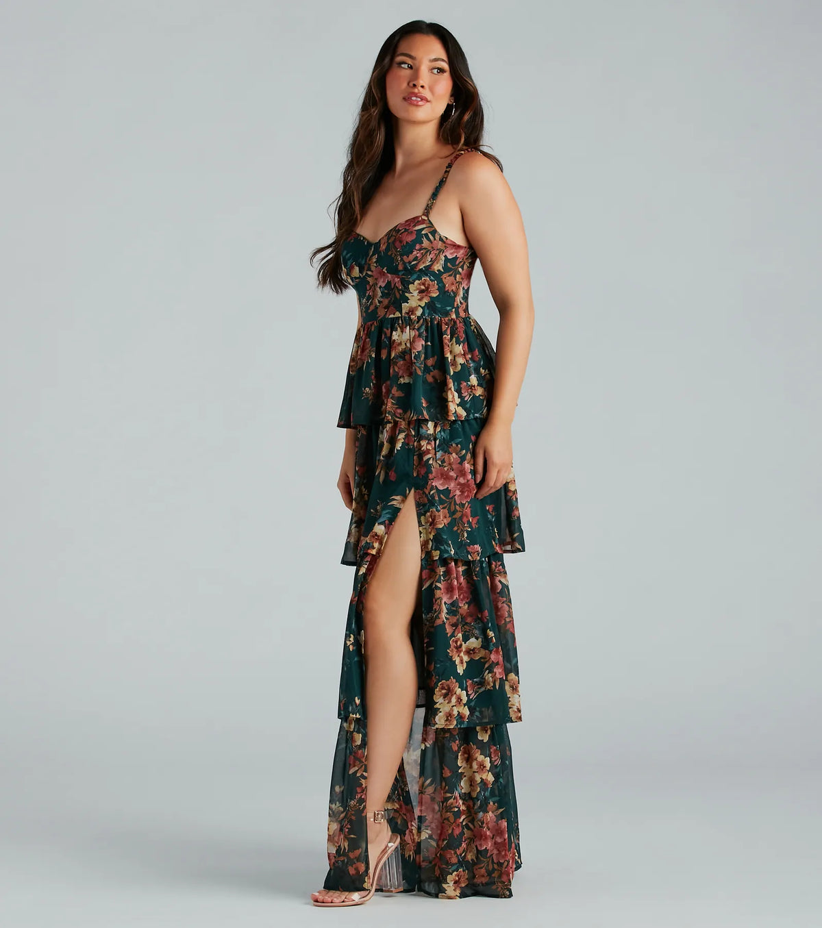 Floral Print Chiffon Sweetheart Cami Strap Tiered Ruffle Split Maxi Dress 3