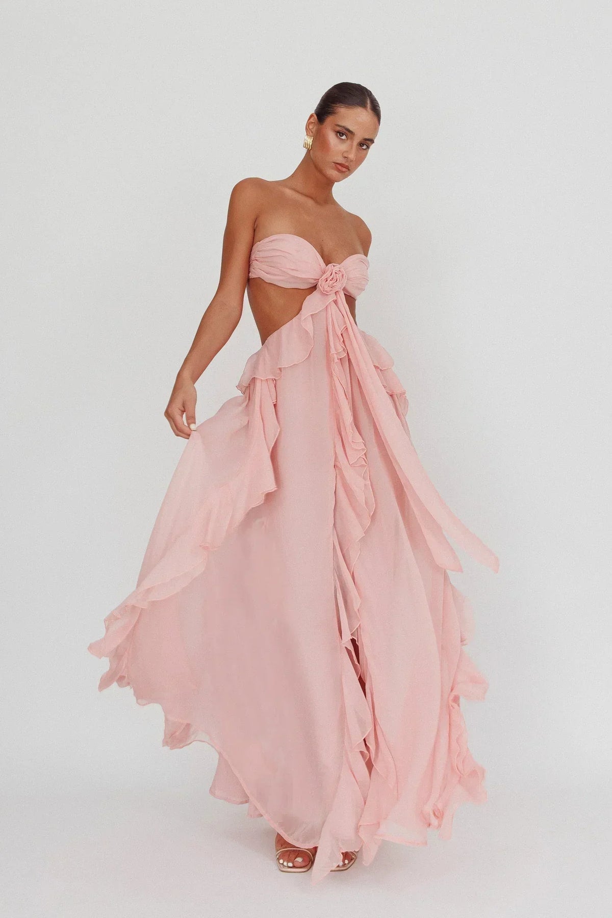 Chiffon Strapless Rosette Tie Front Cut Out Ruffle Maxi Dress 2