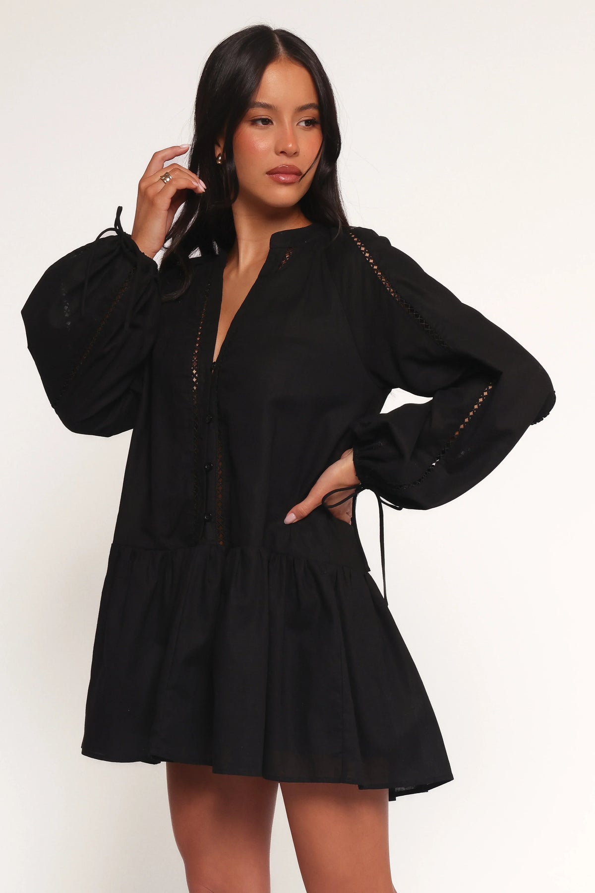 Button Front V-Neck Balloon Sleeve Tie Cuff Drop Waist Mini Dress 3