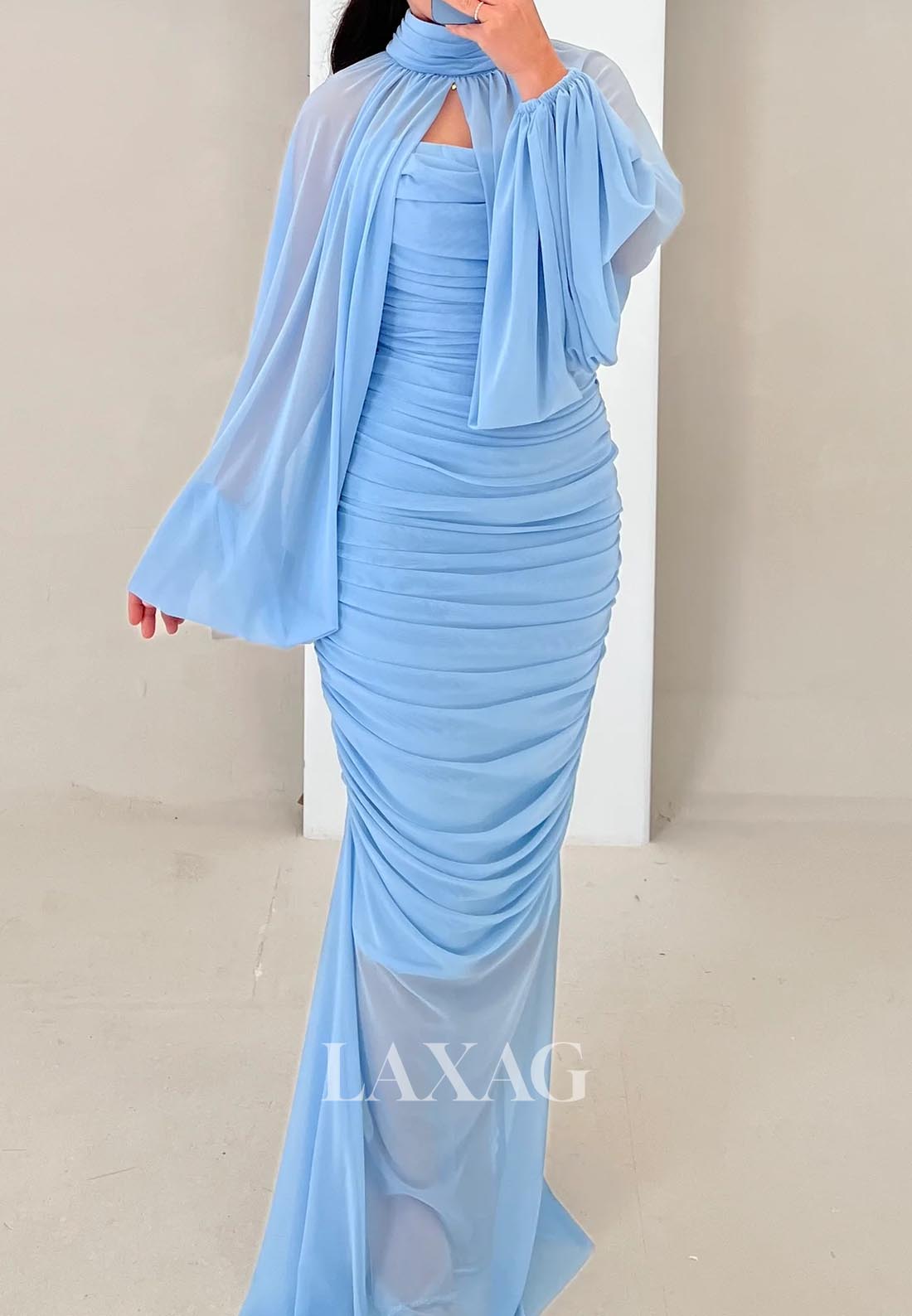 High-Neck Long-Sleeves Mermaid Evening Dress Pleated Sheer Tulle Floor-Length Formal Gowns