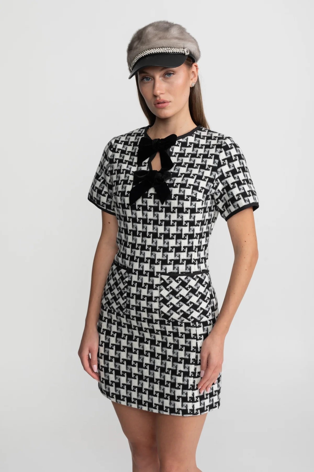 Houndstooth Tweed Short Sleeve Velvet Bow Keyhole Mini Dress