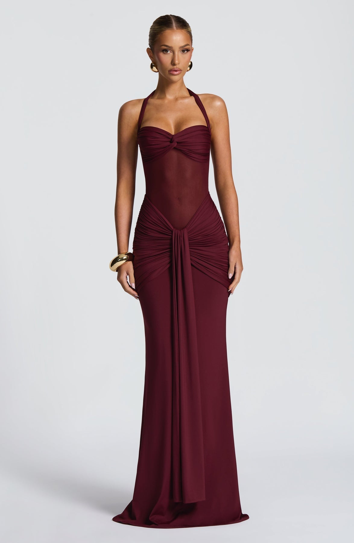Halter Neck Twist Bust Sheer Mesh Ruched Drape Maxi Gown 6