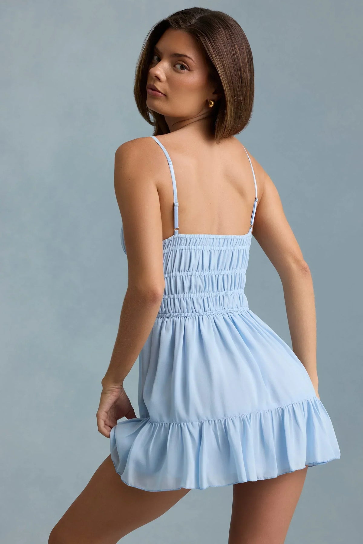 Shirred Waist Cami Strap Ruched Bust Ruffle Hem Mini Dress 2