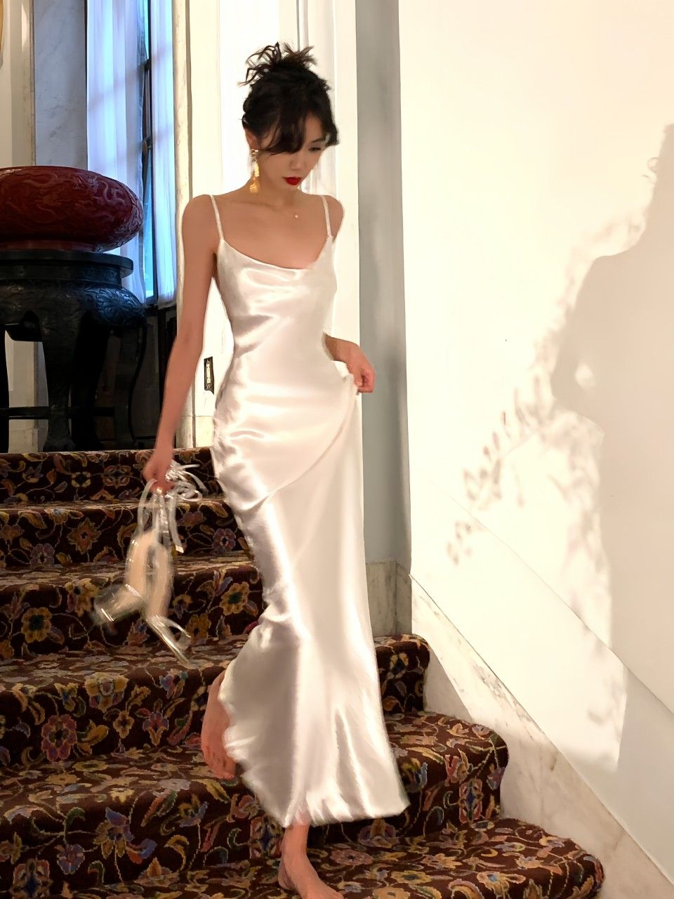 Elegant Spaghetti Straps White Satin Mermaid Prom Dress Formal Bridesmaid Dress D991