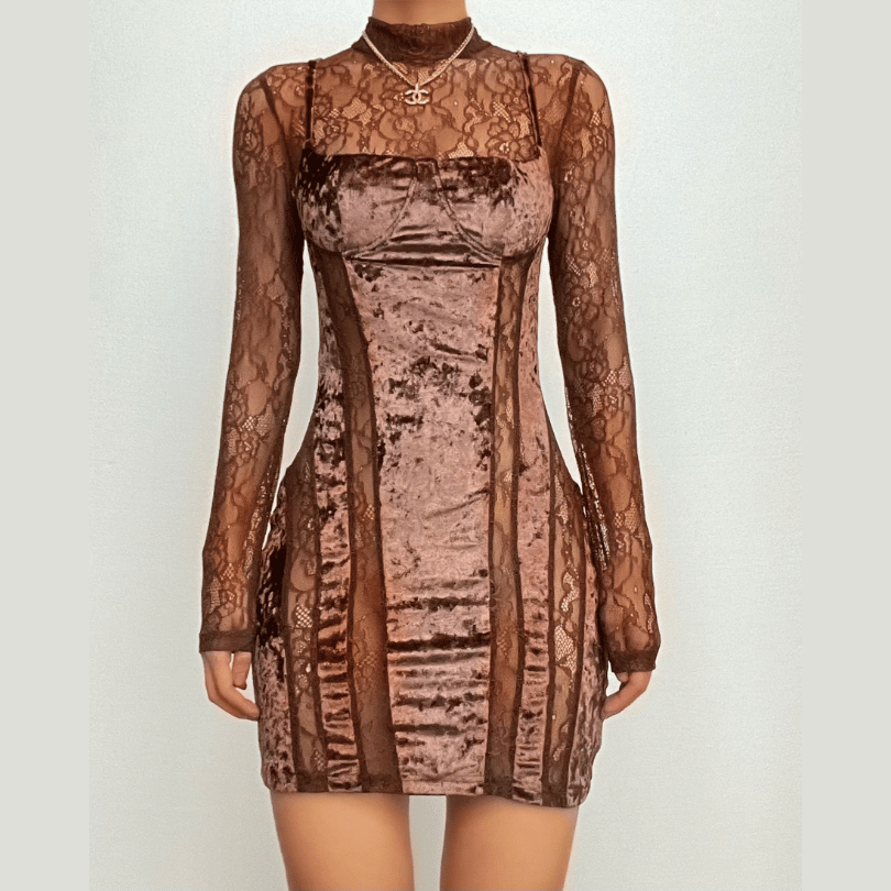 Velvet Panel Lace Mock Neck Long Sleeve Bodycon Mini Dress