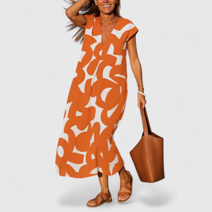 Abstract Print V-Neck Cap Sleeve Maxi Dress