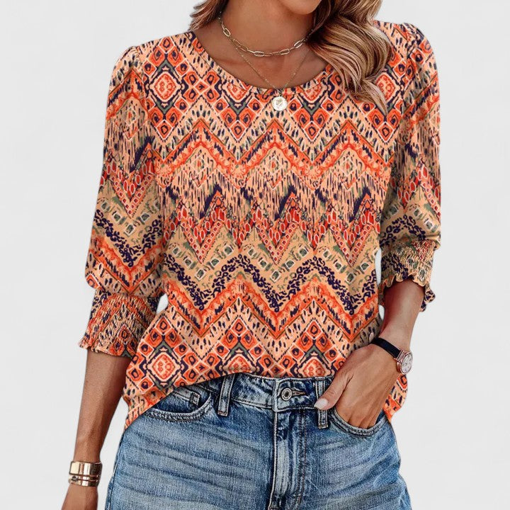 Round Neck Puff Sleeve Smocked Cuff Top