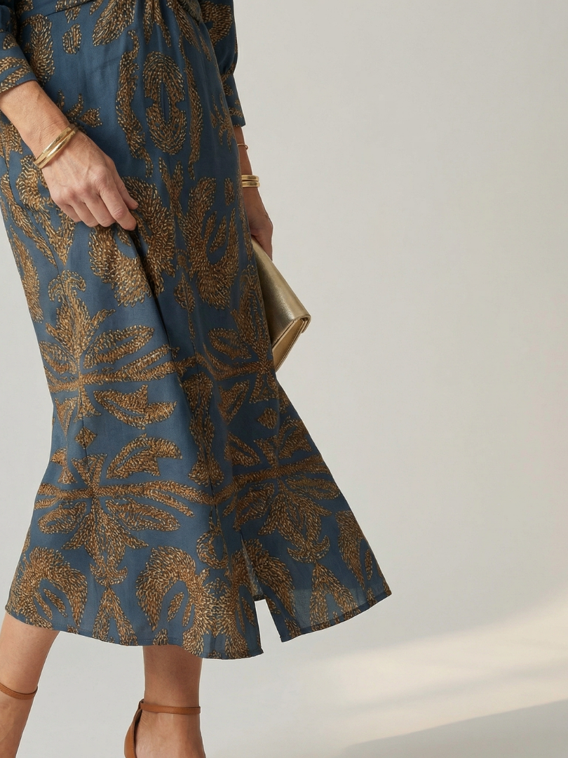 Paisley Print V-Neck Twist Front Long Sleeve Midi Dress