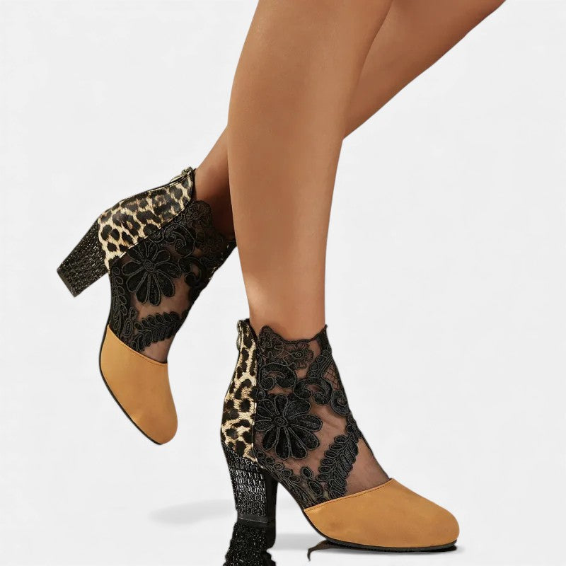 Floral Lace Mesh Round Toe Block Heel Ankle Boots