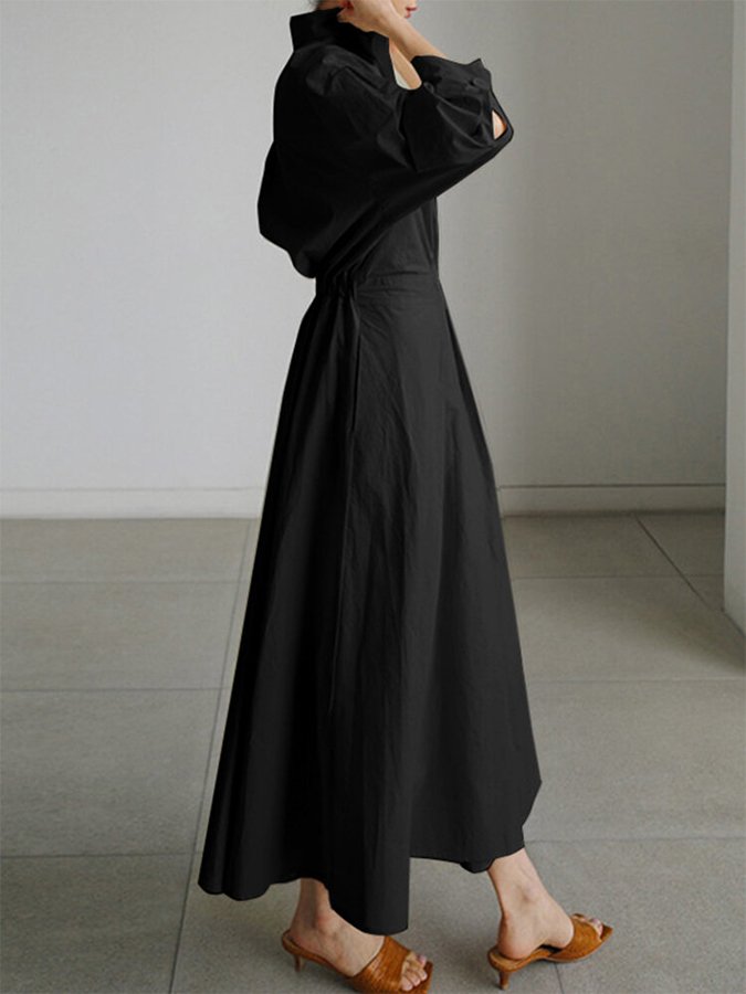 Collared Long Sleeve Pleated Waist A-Line Maxi Shirt Dress
