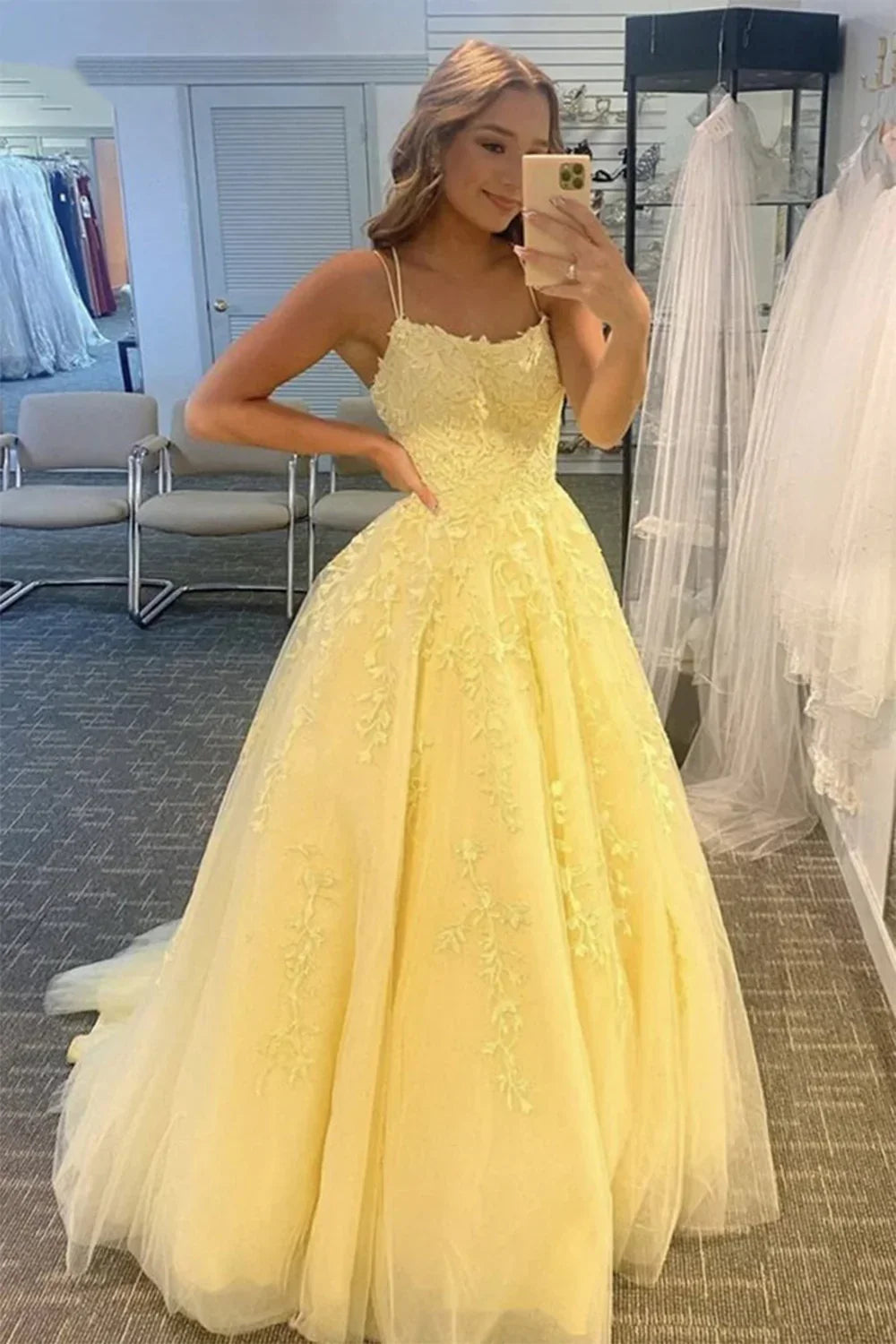 Princess A Line Spaghetti Straps Light Champagne Long Prom Dress with Appliques
