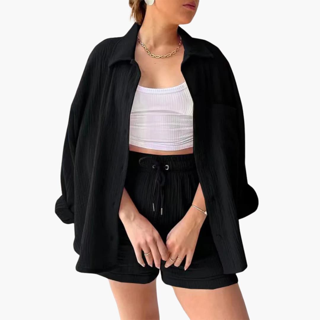 Button Front Shirt and Drawstring Shorts Two Piece Set