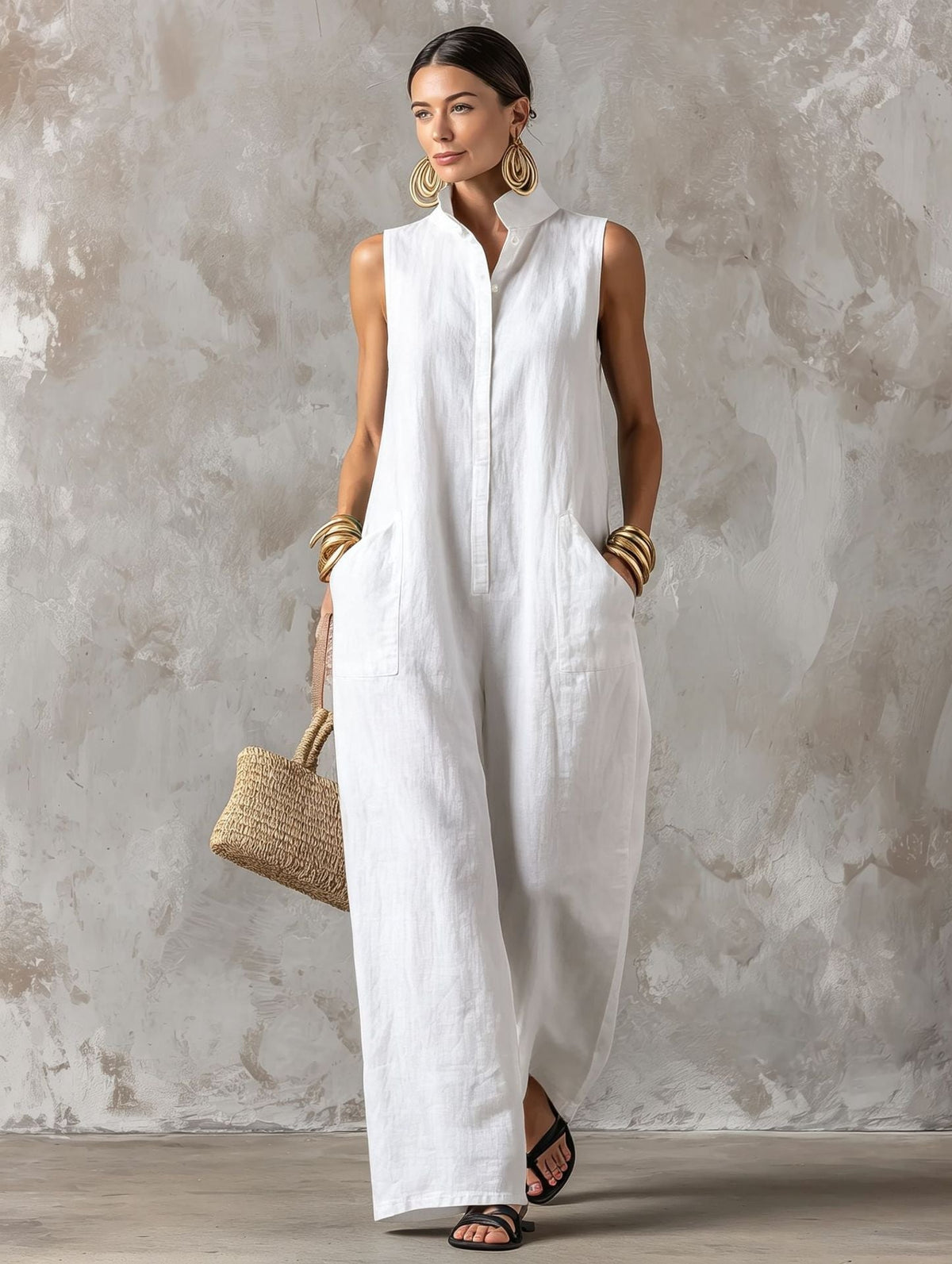 Sleeveless Stand Collar Button Front Wide Leg Jumpsuit with Pockets