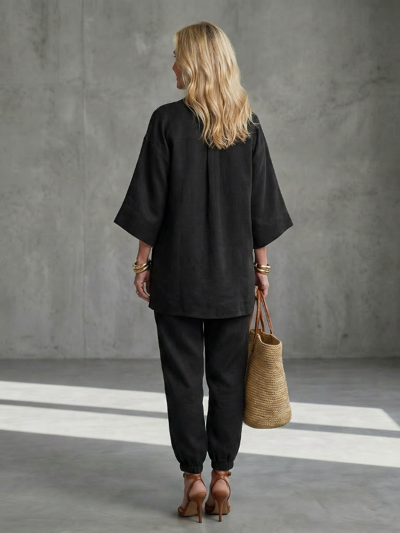 Notch V-Neck Tunic Top and Pants Two Piece Set