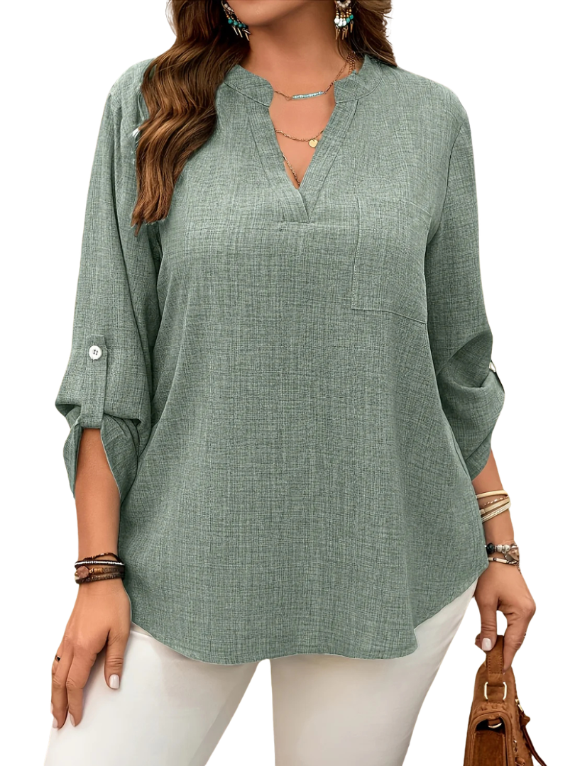 Notch V-Neck Roll Tab Long Sleeve Pocket Top