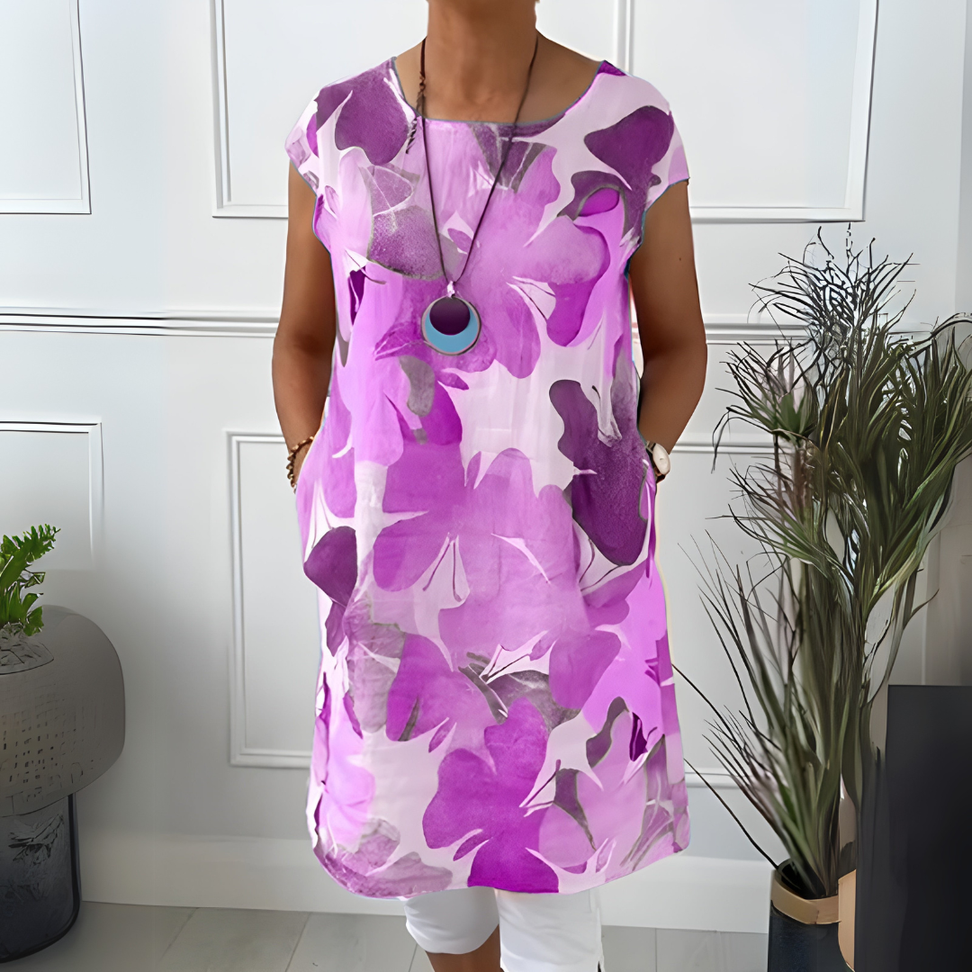 Watercolor Floral Round Neck Short Sleeve Tunic Dress