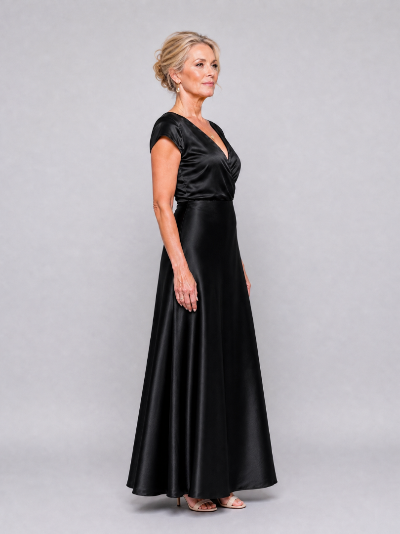 Surplice V-Neck Cap Sleeve Satin Maxi Gown