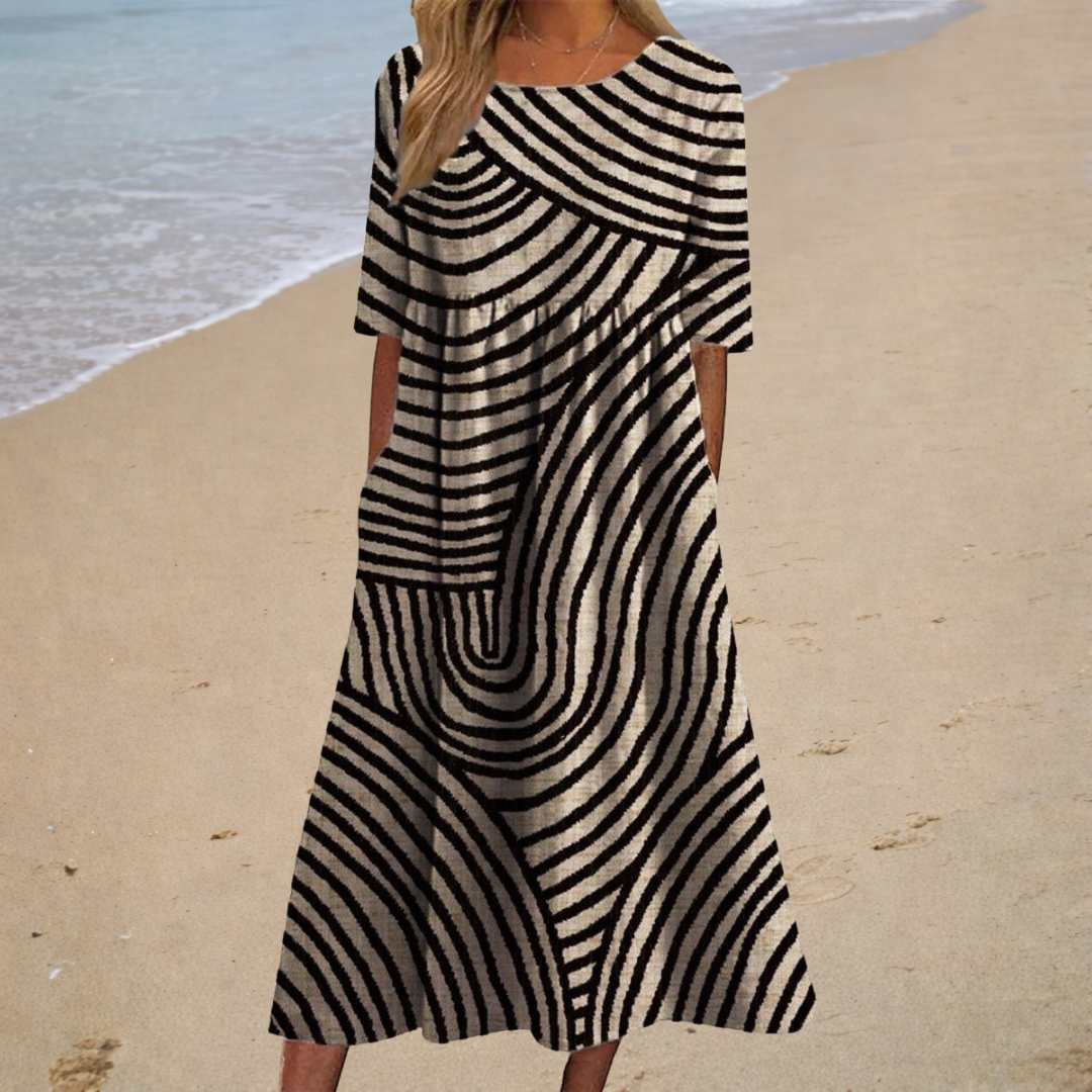 Rose Floral Print Round Neck Half Sleeve Pocket Maxi Dress