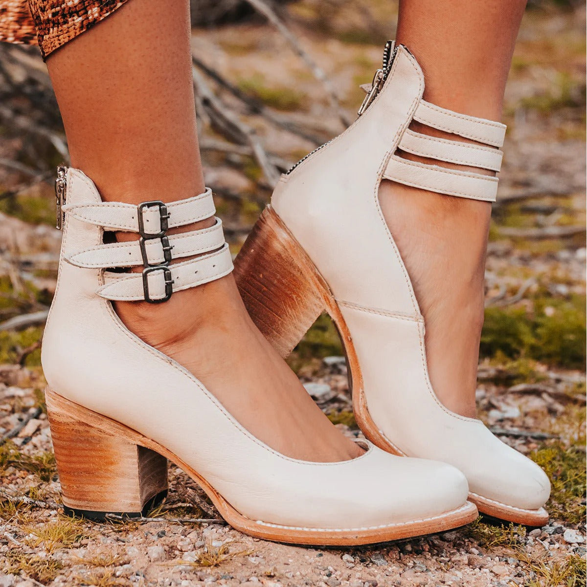 Round Toe Triple Ankle Strap Buckle Block Heel Pumps