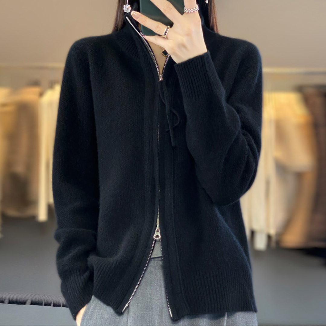 Mock Neck Double Zip Front Ribbed Knit Cardigan