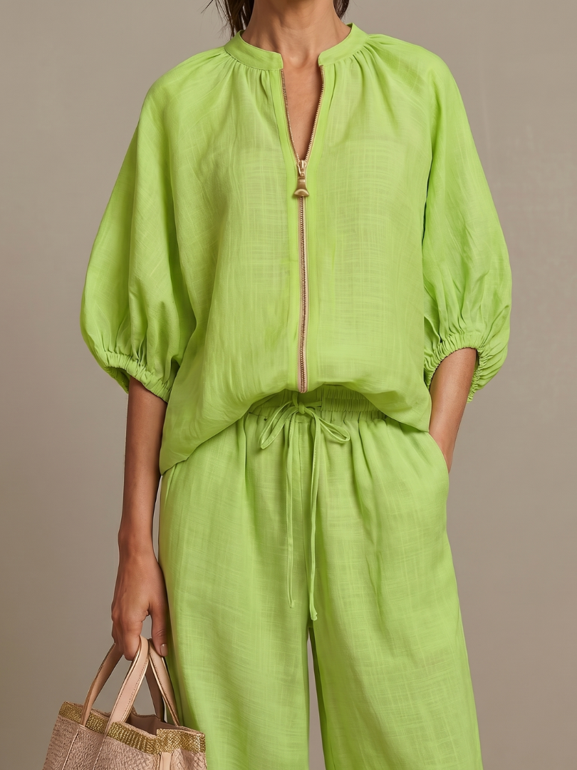 Puff Sleeve Zip Front Top and Wide Leg Pants Two Piece Set
