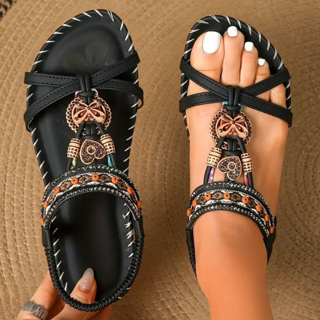 Beaded Boho T-Strap Flat Sandals