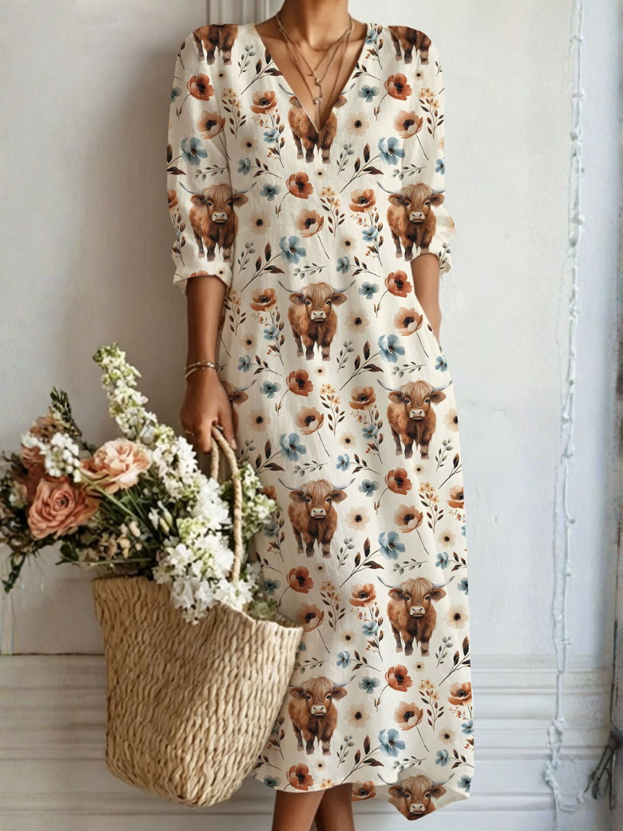 Cow Floral Print V-Neck Long Sleeve Pocket Midi Dress