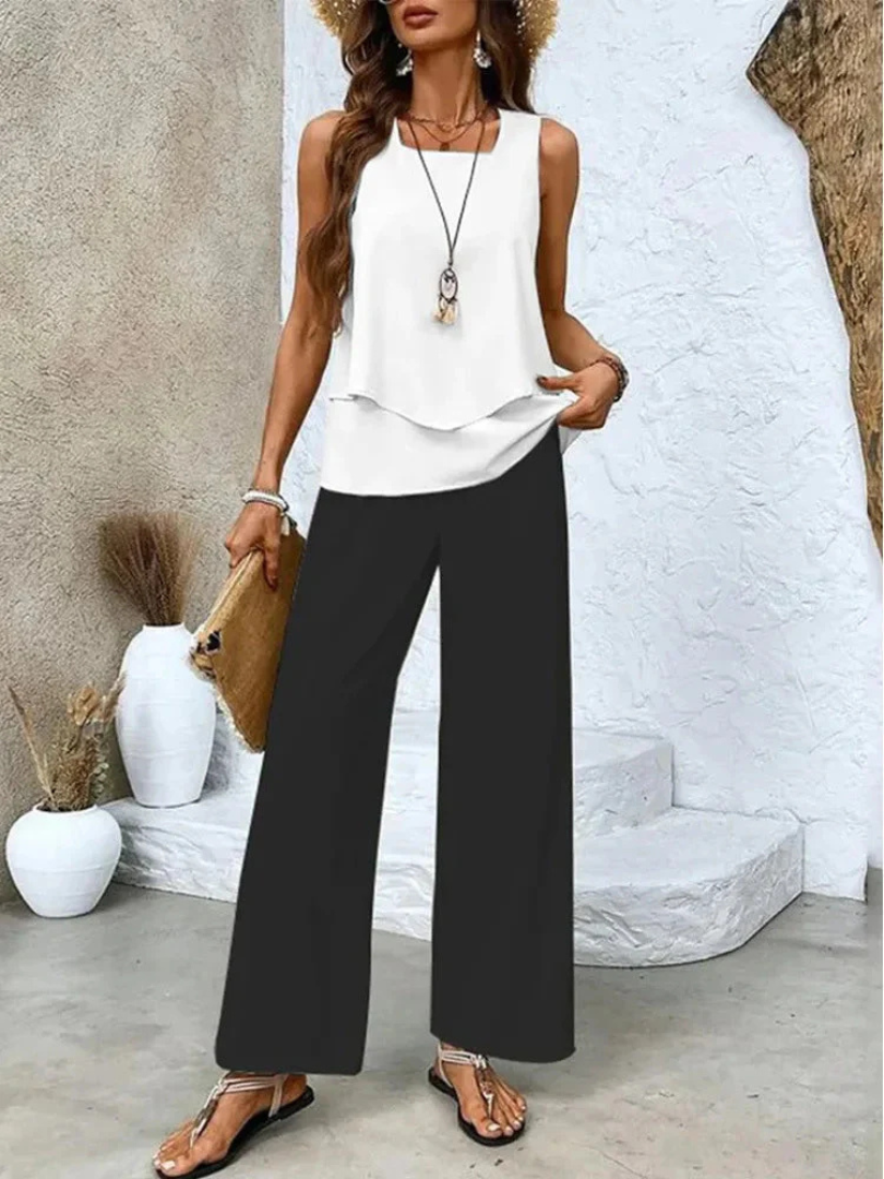 Sleeveless Layered Top and Floral Wide Leg Pants Two Piece Set