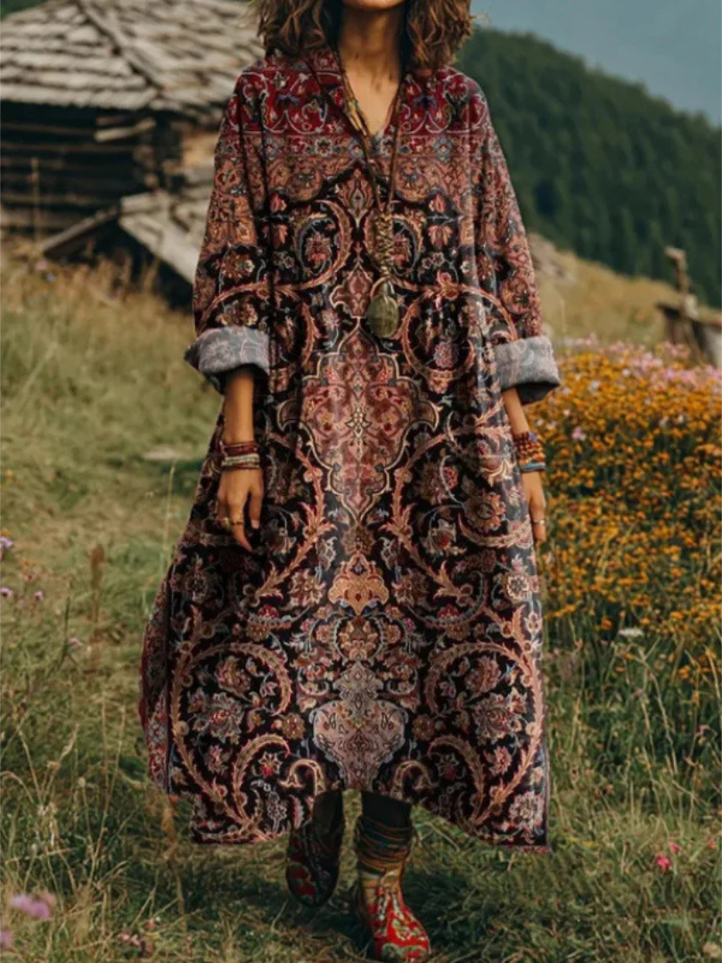 Paisley Floral Long Sleeve Round Neck Maxi Dress
