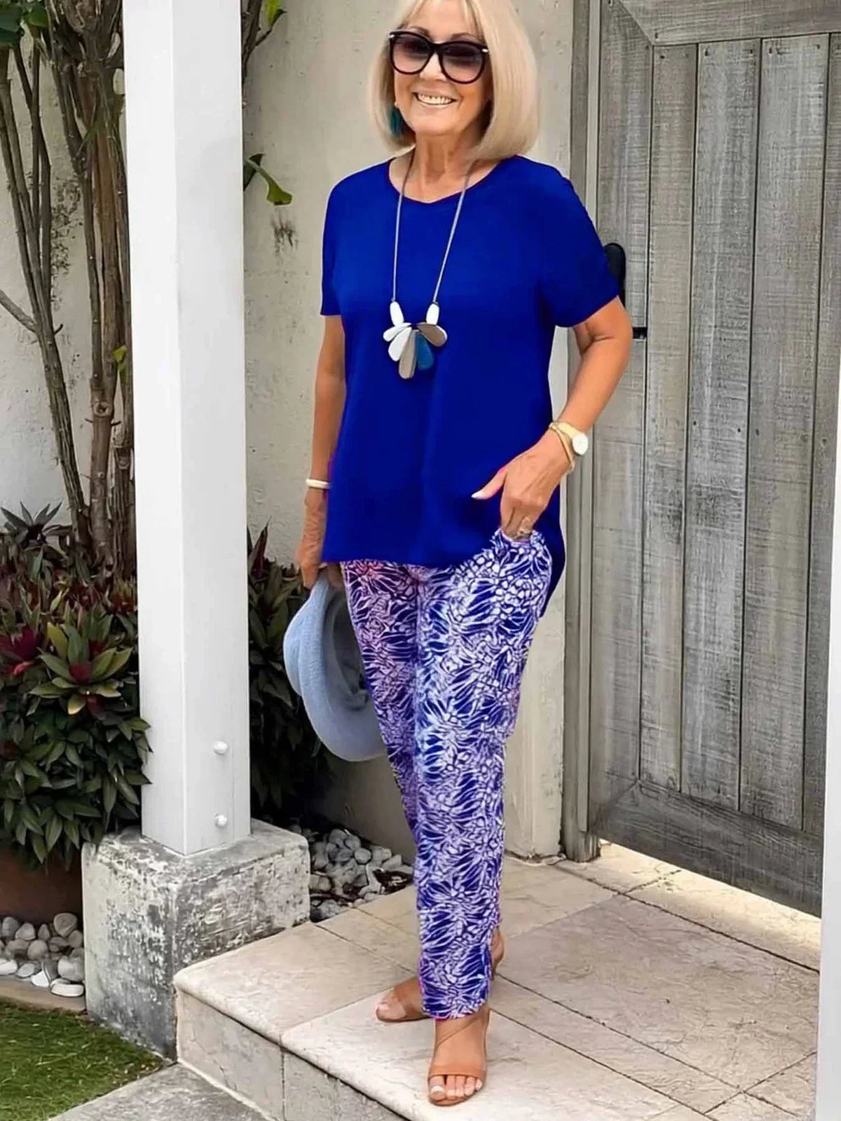 Short Sleeve Top and Leaf Print Pants Two Piece Set