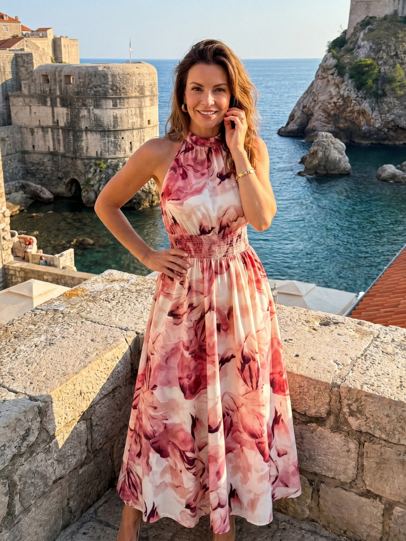 Abstract Print Halter Neck Smocked Waist Maxi Dress