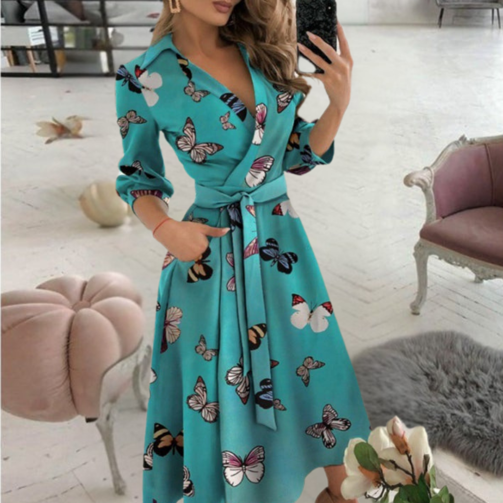 Polka Dot Deep V-Neck Long Sleeve Wrap Midi Dress 9