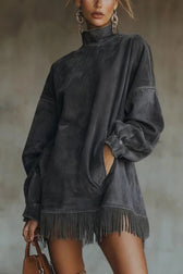 Suede High Neck Long Sleeve Fringe Pocket Mini Dress 10