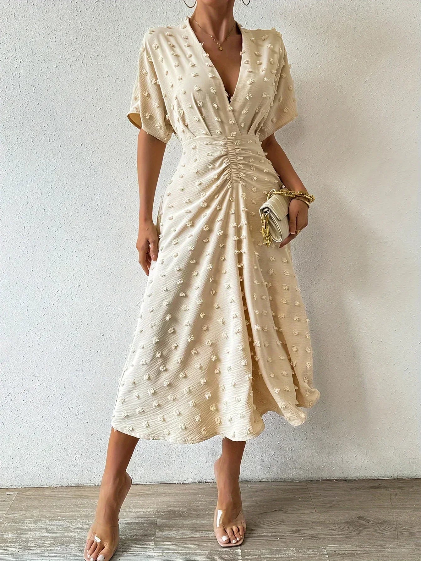 Swiss Dot Flutter Sleeve Pleated Back A-Line Midi Dress