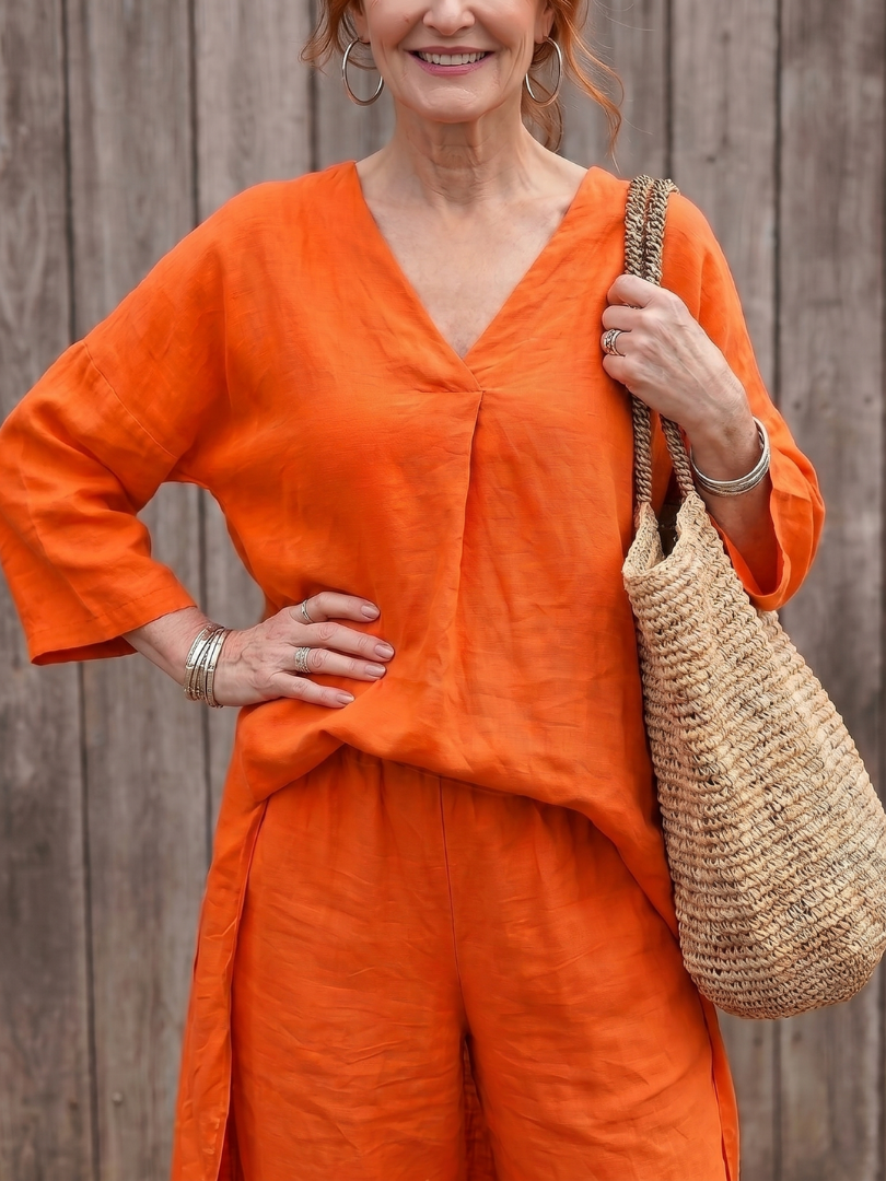 V-Neck Tunic Top and Wide Leg Pants Two Piece Set