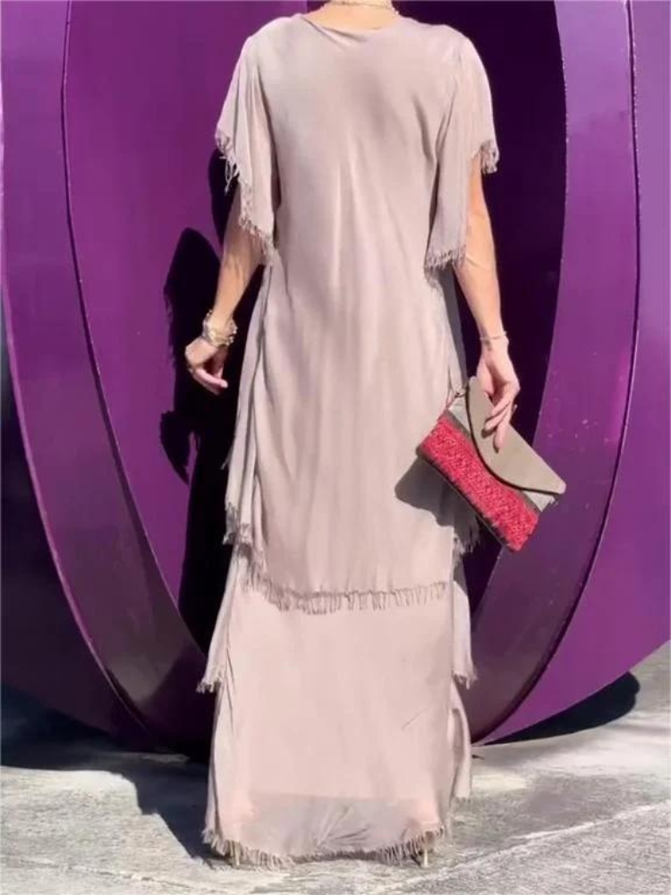V-Neck Flutter Sleeve Tiered Ruffle Maxi Dress