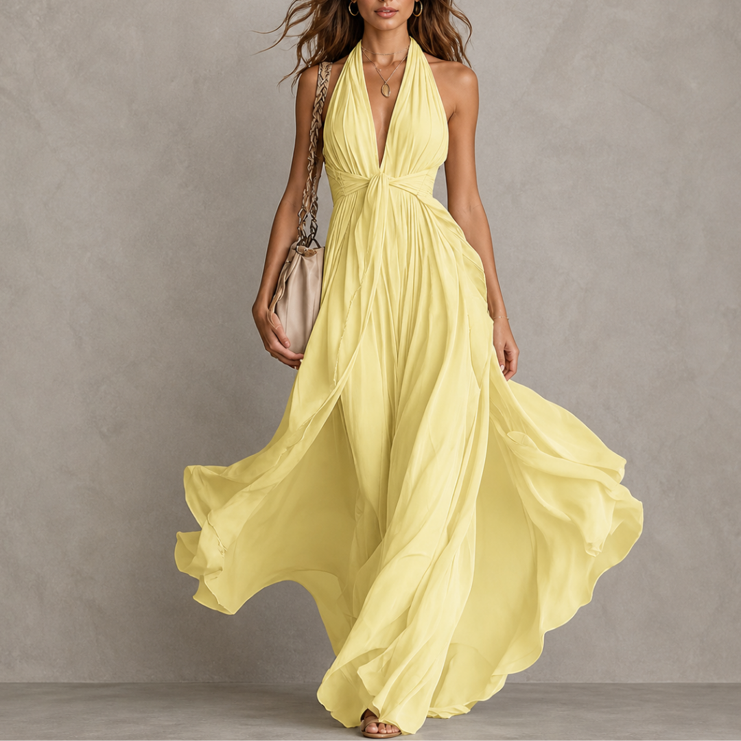 Halter Neck Deep V-Neck Twist Front Flowy Maxi Dress
