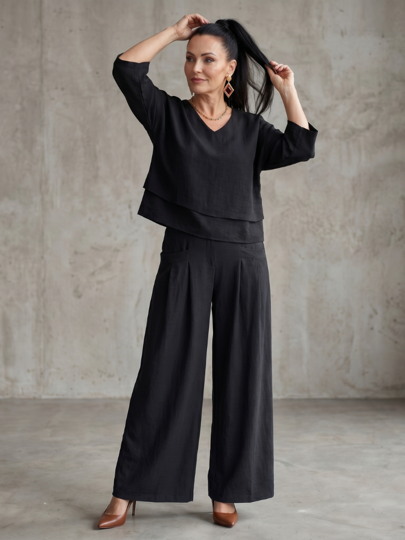 V-Neck Layered Top and Wide Leg Pants Two Piece Set