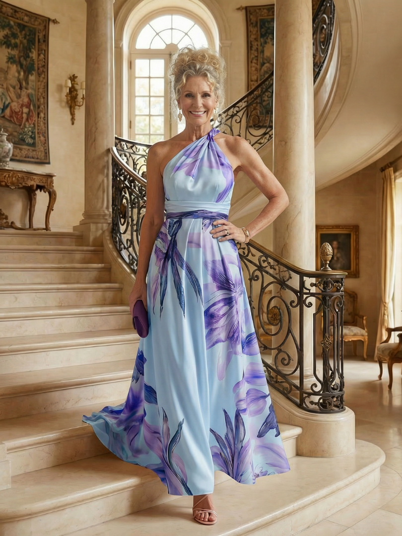 Floral Halter Neck One Shoulder Satin Maxi Dress
