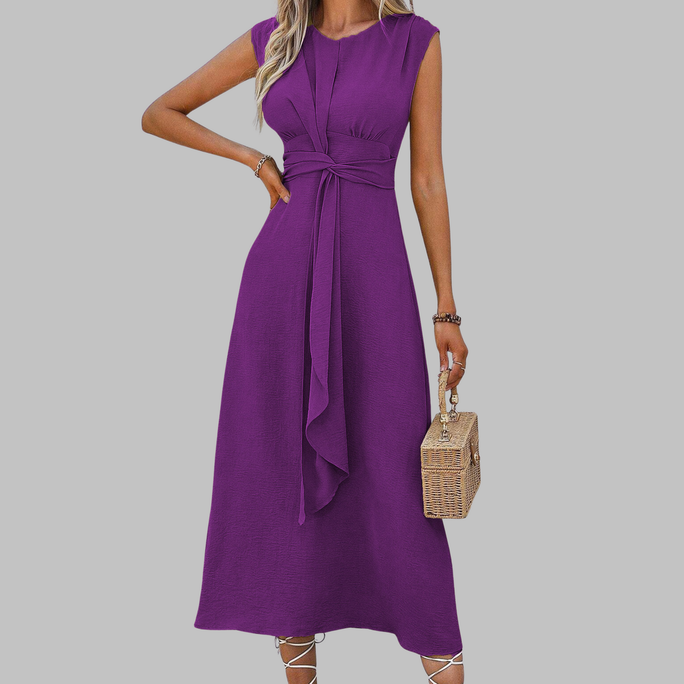 Cap Sleeve Knot Front A-Line Midi Dress 9