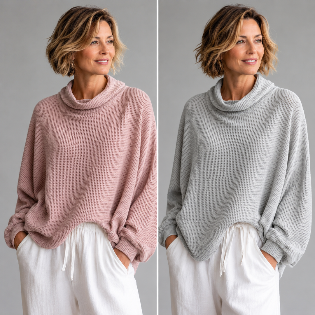 Waffle Knit Cowl Neck Oversized Long Sleeve Sweater