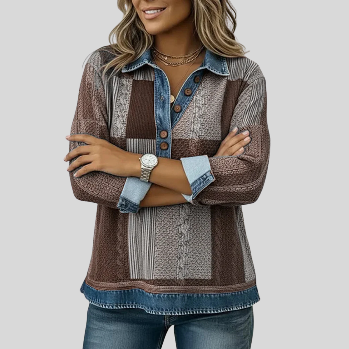 Patchwork Plaid Collared Quarter Button Long Sleeve Knit Pullover