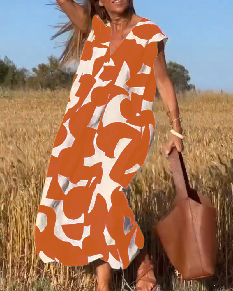 Abstract Print V-Neck Cap Sleeve Oversized Maxi Dress