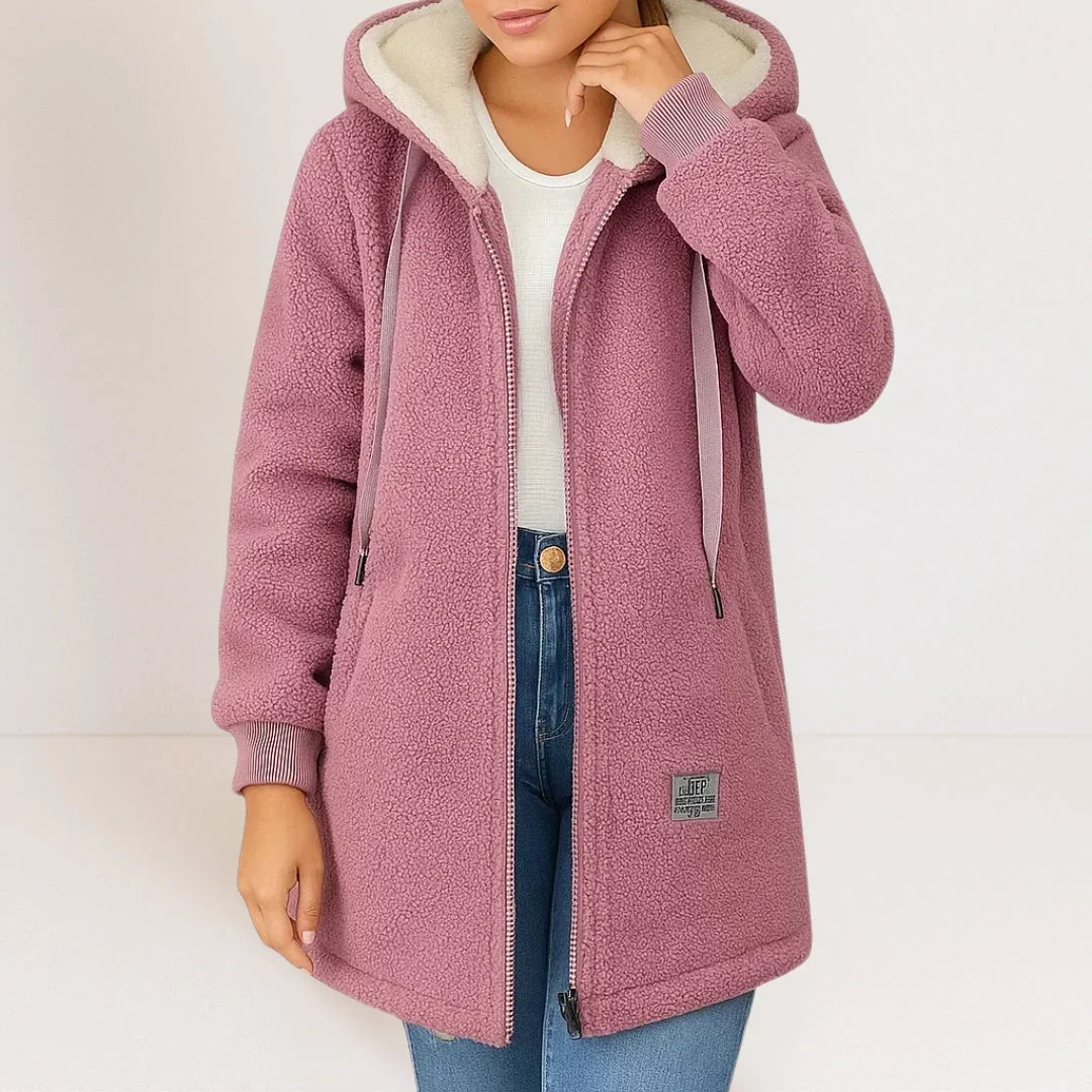 Hooded Zip Front Sherpa Fleece Longline Jacket