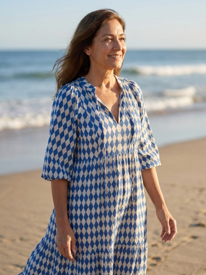 Diamond Print Split Neck Puff Sleeve Tiered Maxi Dress