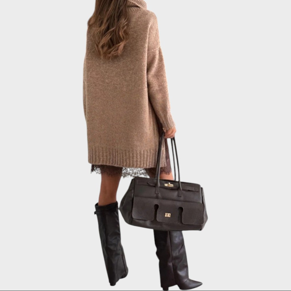 Turtleneck Oversized Sweater and Lace Slip Dress Two Piece Set