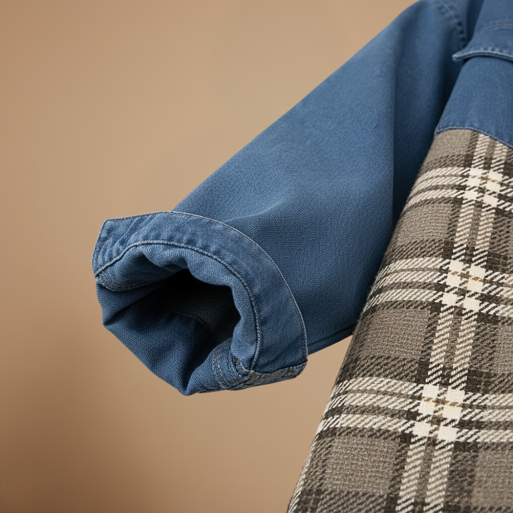 Denim Jacket with Plaid Patchwork and Button Closure