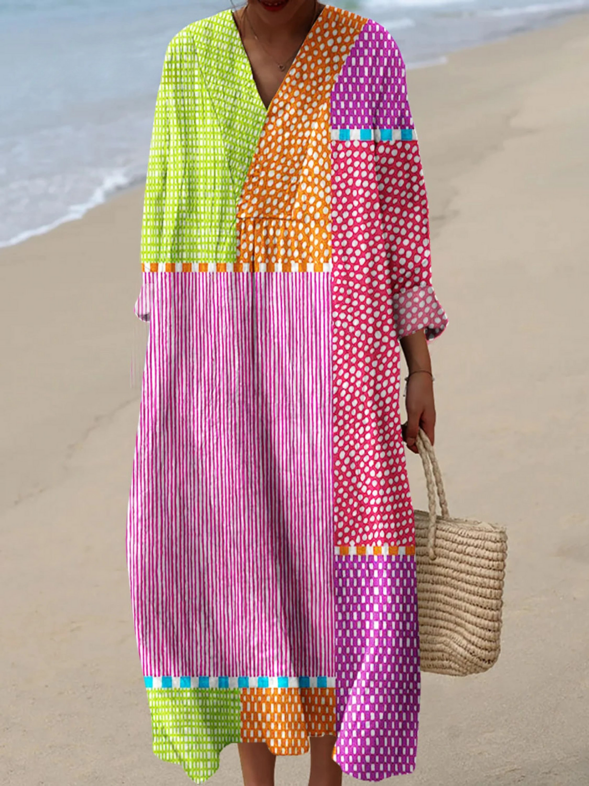 Colorblock Patchwork Print V-Neck Long Sleeve Maxi Dress
